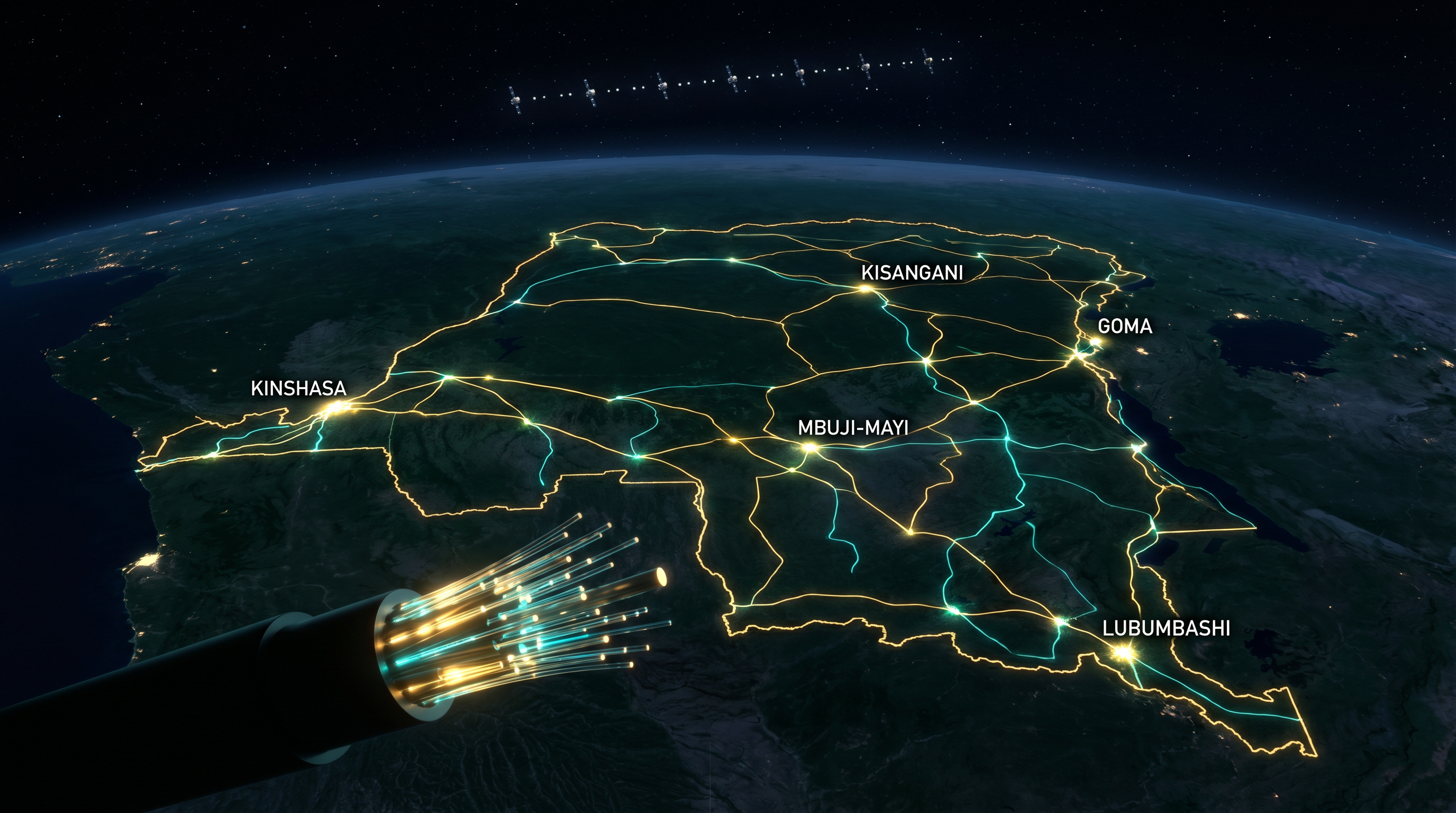 Glowing fiber network over DRC at night